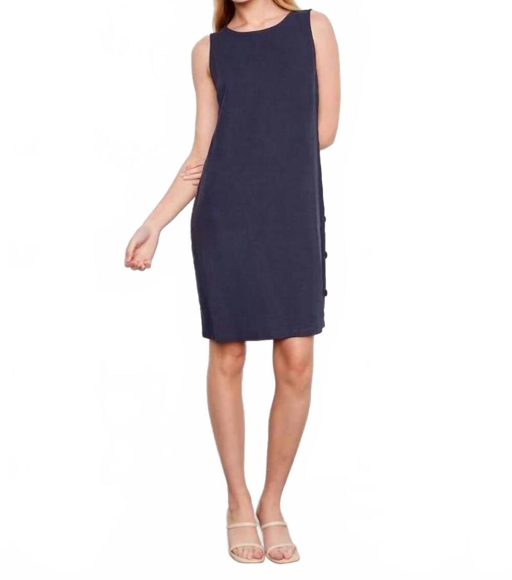 NEW CHARLIE B sleeveless shift dress with decorative side button detail in navy